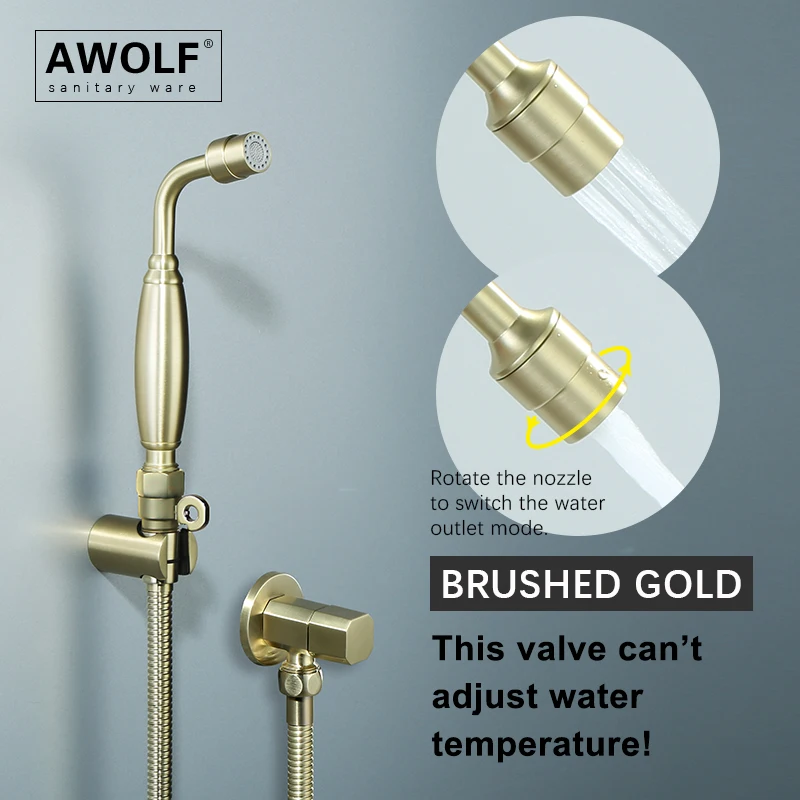 Awolf Brushed Gold Hygienic Shower Two Functions Toilet Bidet Sprayer System Solid Brass Ass Cleaner Shower Soft Water AP2337