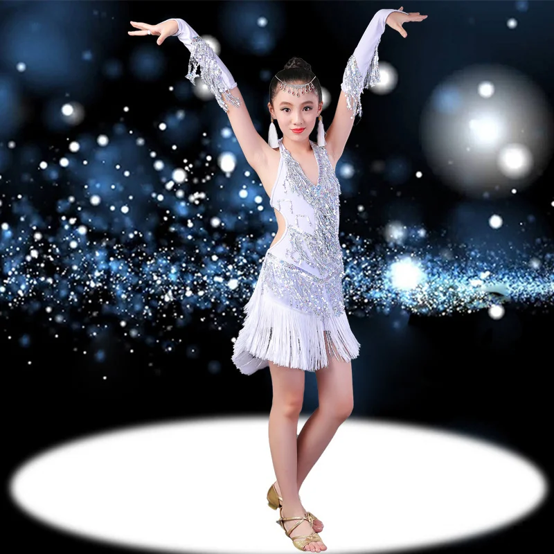 Children's Latin dance clothing girls' skirt performance competition new sequins drill tassels kids rumba gala