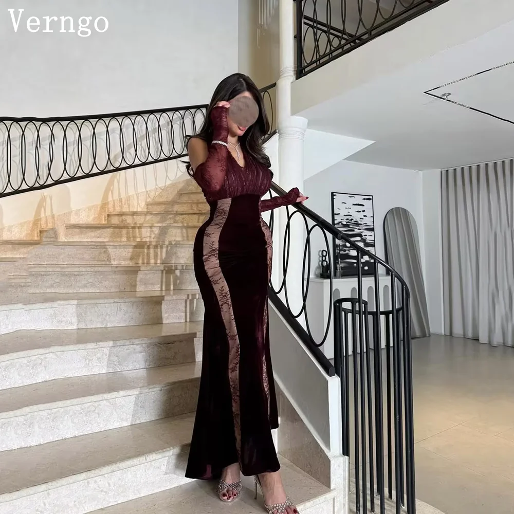 

Verngo Burgundy Velvet Evening Dress Halter Mermaid Lace Formal Occasion Dresses Elegant Prom Party Gowns Customized
