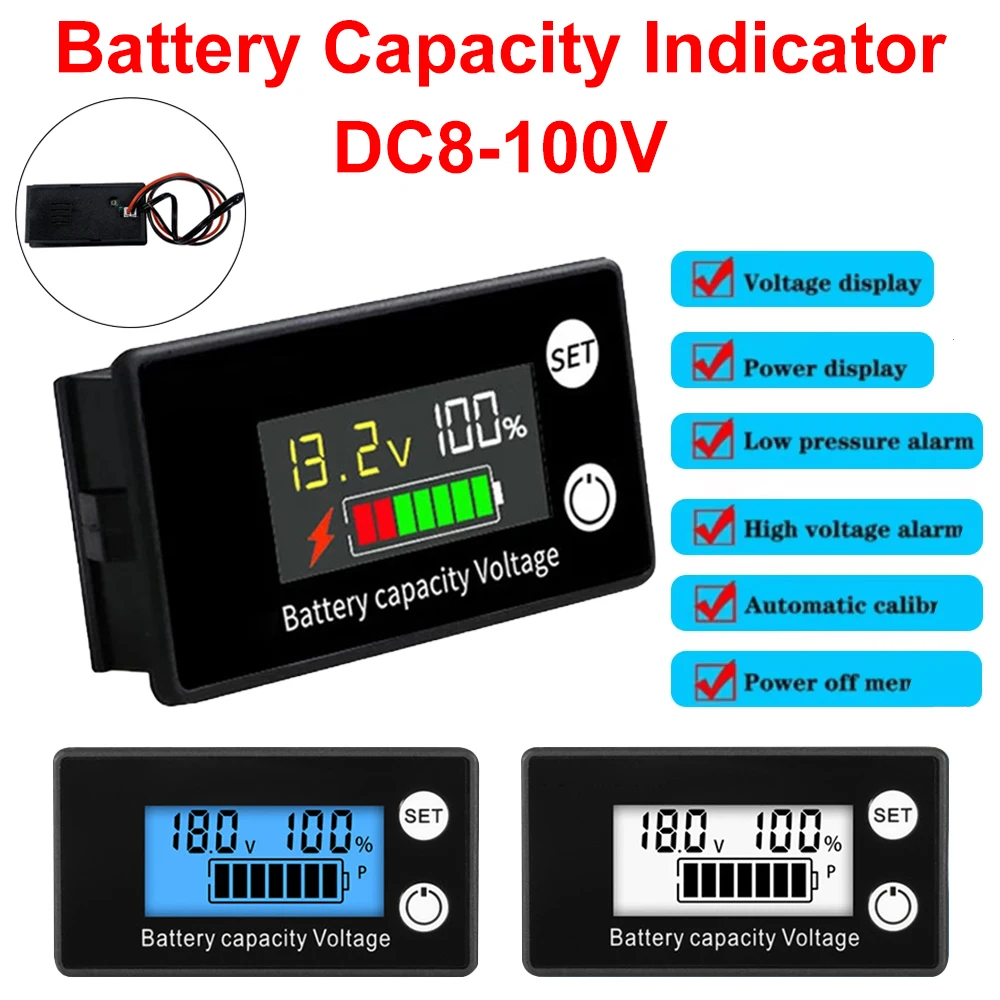 Li/鉛酸/Fe-Li バッテリー容量インジケーター DC8-100V、LCD デジタルディスプレイ車オートバイ電圧計、調整可能なポテンショメータ