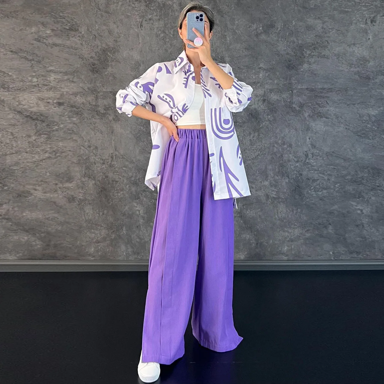

Casual long-sleeved printed shirt high waist split wide-leg pants suit fashionable simple and versatile temperament elegant vaca