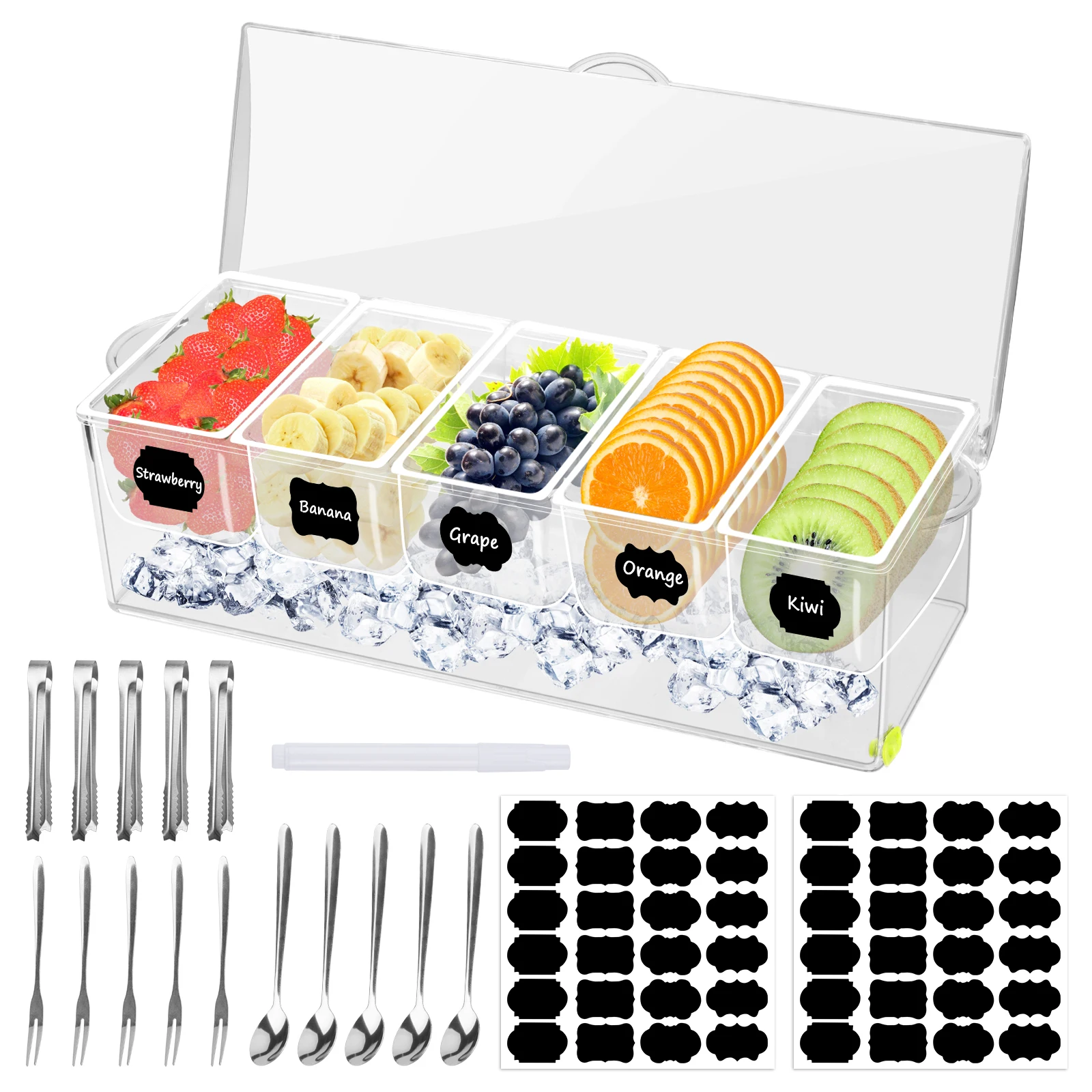 

Clear Ice Condiment Serving Tray with 5 Removable Compartments Chilled Serving Container for Bar Fruit Salad Taco Party Garnish