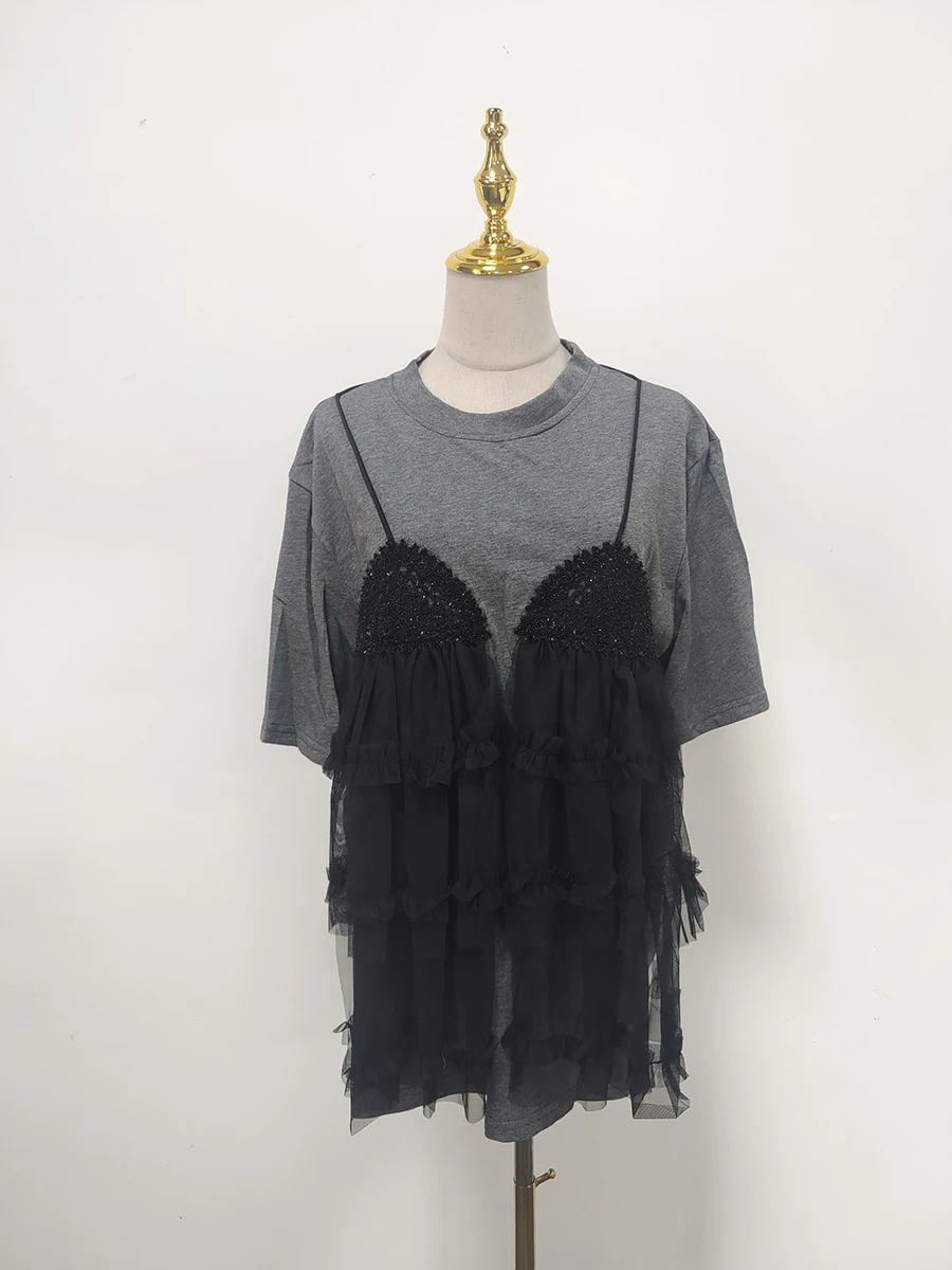 GALCAUR Colorblock Allentato Impiombato Perline Moda T-shirt per le donne Girocollo Maniche corte Patchwork Maglia Top Abbigliamento femminile Nuovo