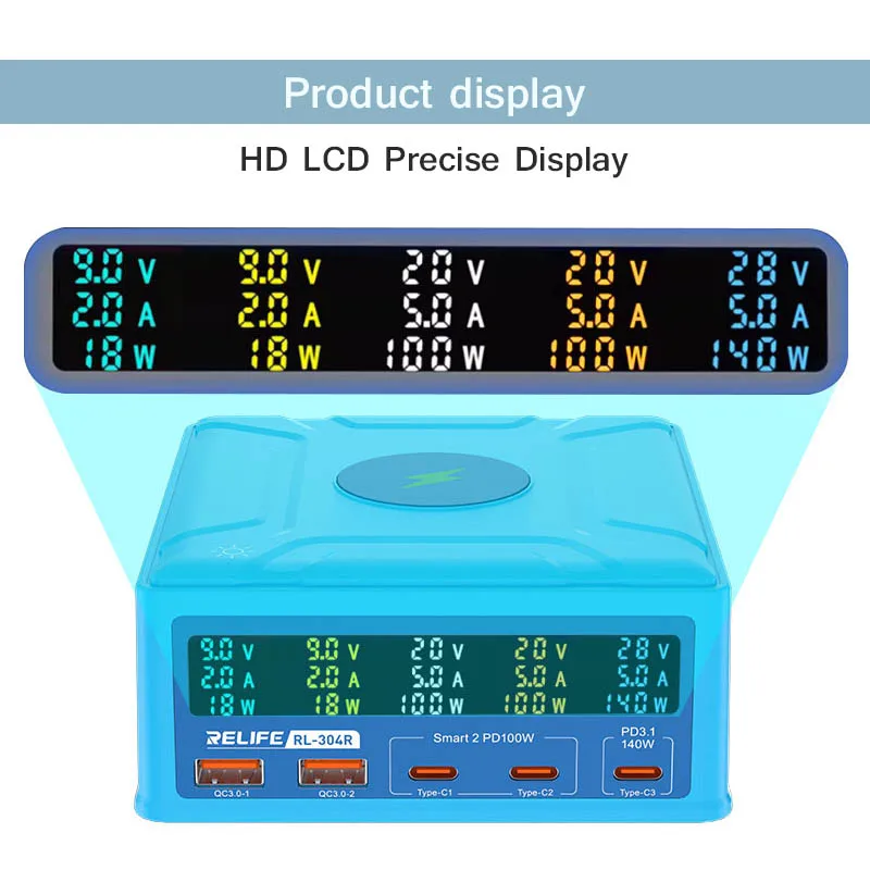 RELIFE-Ferramenta de Carregamento Rápido Eficiente Multidispositivo, RL-304R, 5 + 1, 260W, Alta Potência, GaN Carregador para Pad de Telefone, Computador, Inteligente