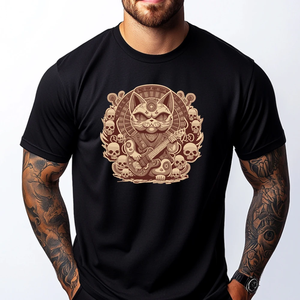 

Hard Maneki Neko Rockstar Cat Guitar Cute Oversized T Shirt Skull High Quality Men's T-Shirt T Shirt for Men Valentine's Day