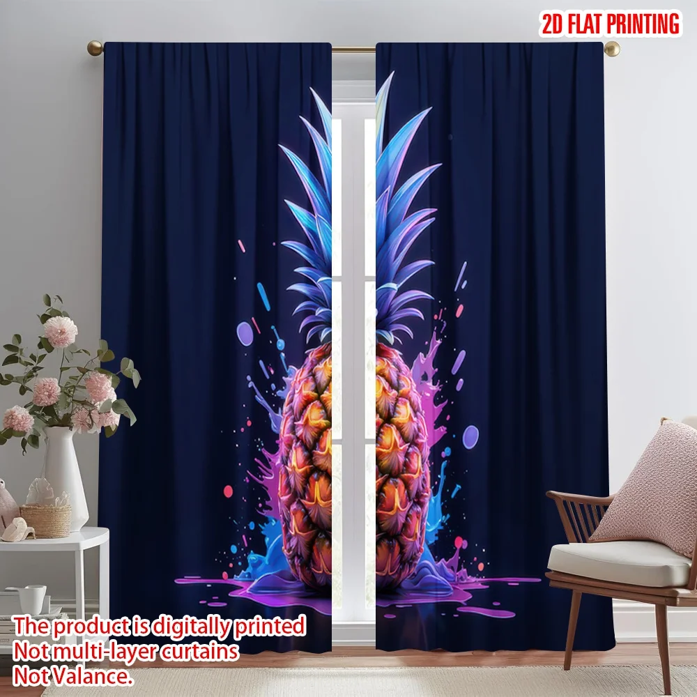 

2D flat printing 2pcs Curtains Colorful Splashing Pineapple Digital Printed Polyester Drapes Family Party Decoration Use for New
