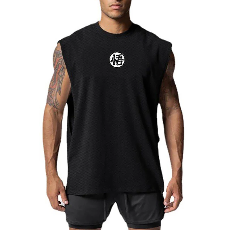 Japanese Anime Logo Wu Font Printed Cut Off Tank Tops Summer Mesh Quick Dry Gym Clothing Mens Bodybuilding Sleeveless T-Shirts