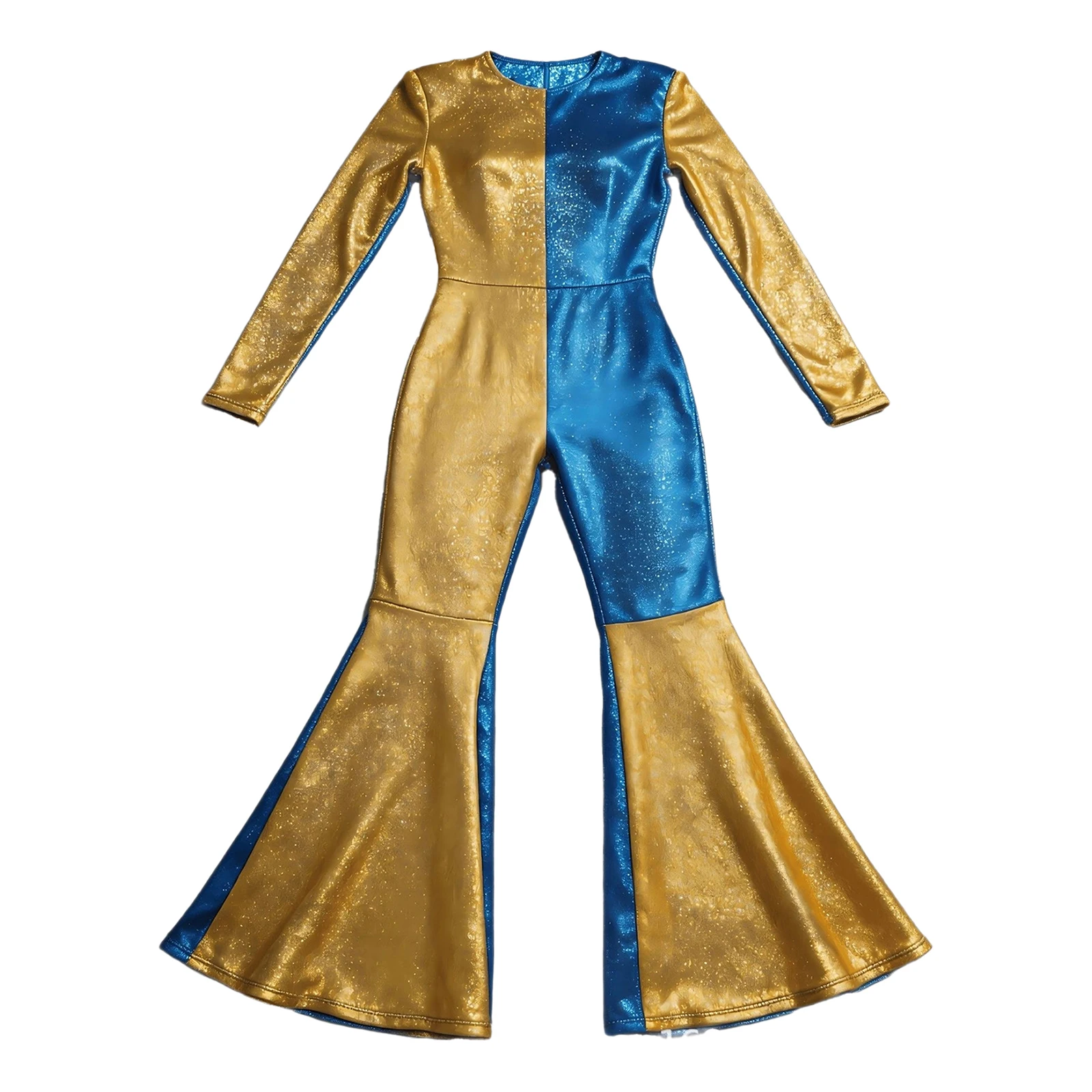 women-disco-tron-dance-jumpsuit-glittery-metallic-short-sleeve-bell-bottom-color-blocked-bodysuit-for-halloween-cosplay-party