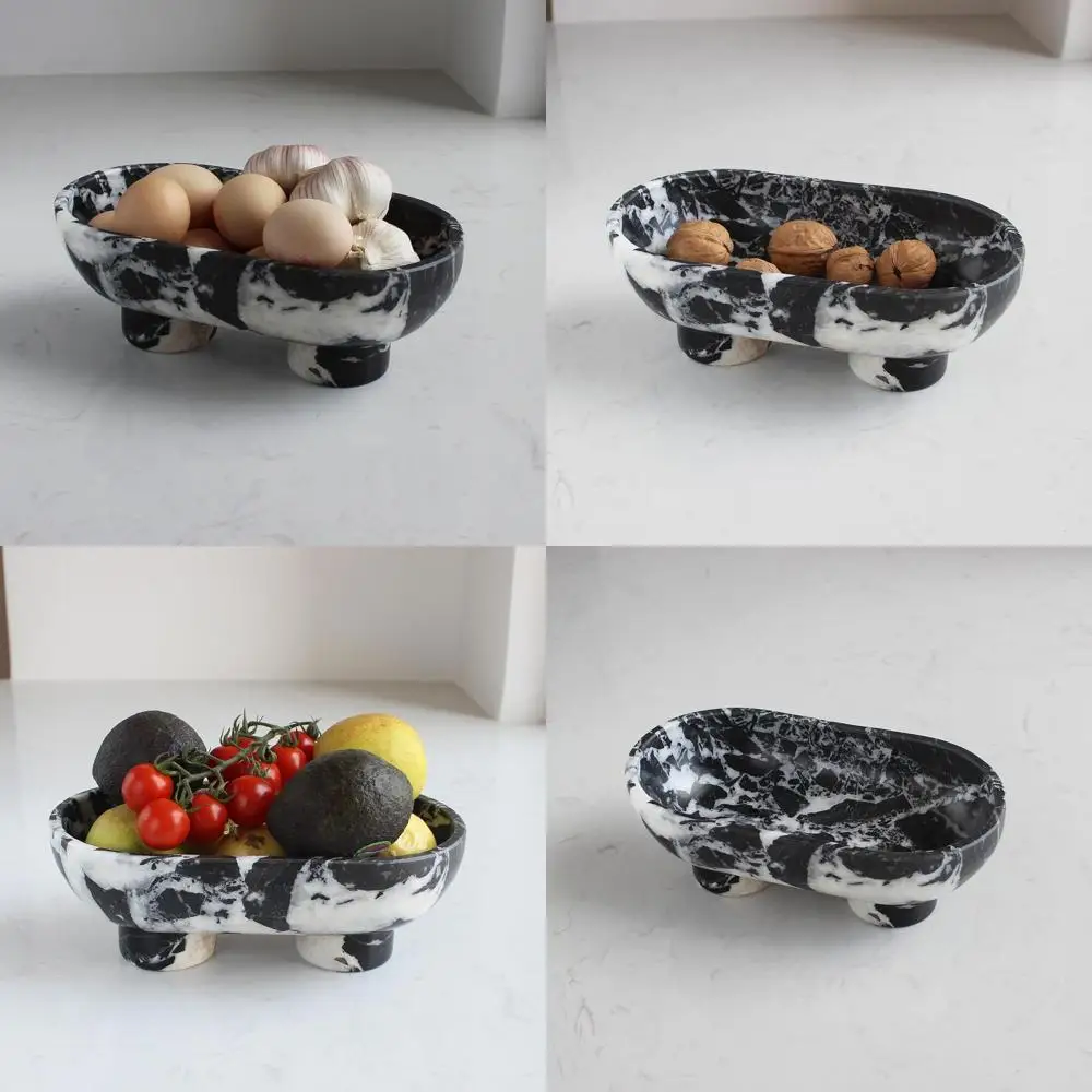 

10 Large Oval Black Marble Bowl with Legs for Kitchen Counter, Decorative Table Centerpiece, and Home Organization