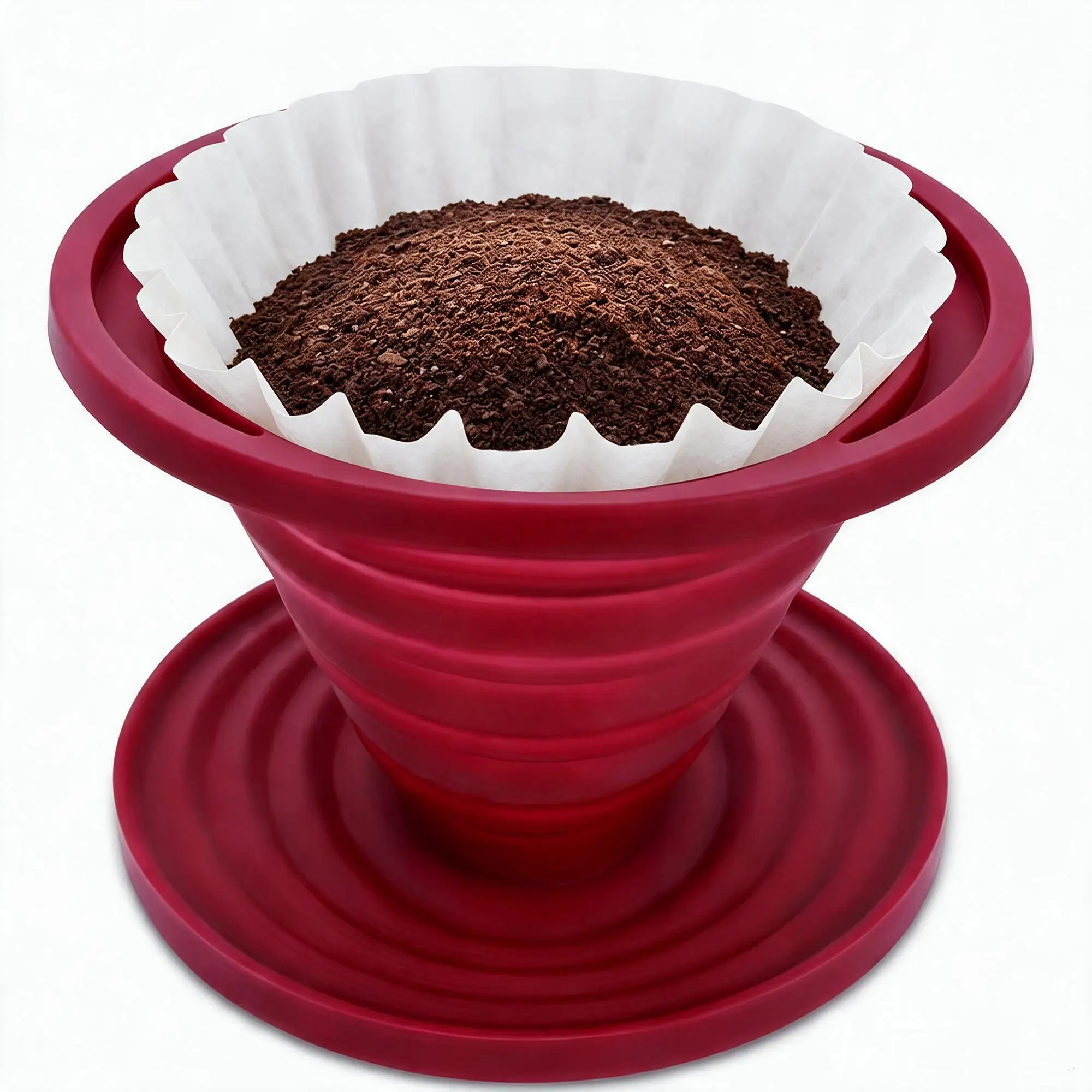 Red Silicone Pour Over Coffee Dripper, Collapsible & Reusable, Makes 1-2 Cups of Strong Brew- Great for Hiking, Camping Gifts