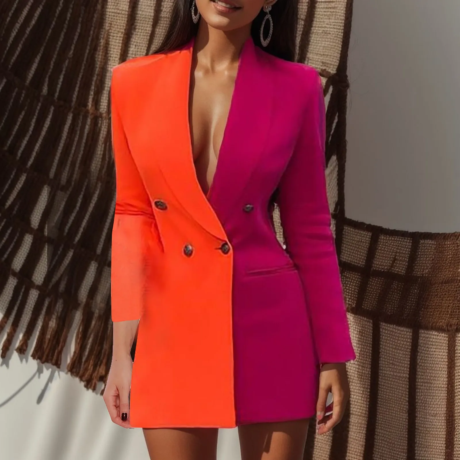 2024 Women Office Dress Colorblock Patchwork Long Sleeve Blazer Dress Sexy V Neck Double Breasted Slim Blazer Dress Spring