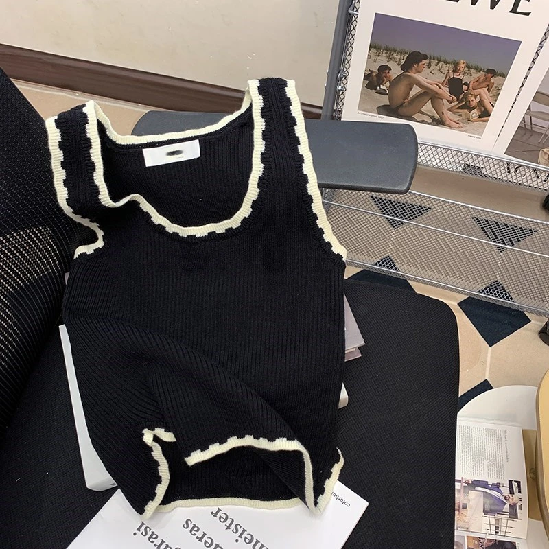 Women Solid U Neck Ribbed Crop Top Women Summer Basic Elastic Exposed Navel Tops Contrast Color Patchwork Mujer Knitted Camisole