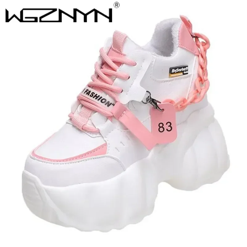Black Wedge Chunky Sneakers Vertical View - High Platform Leather Casual Shoes for Autumn