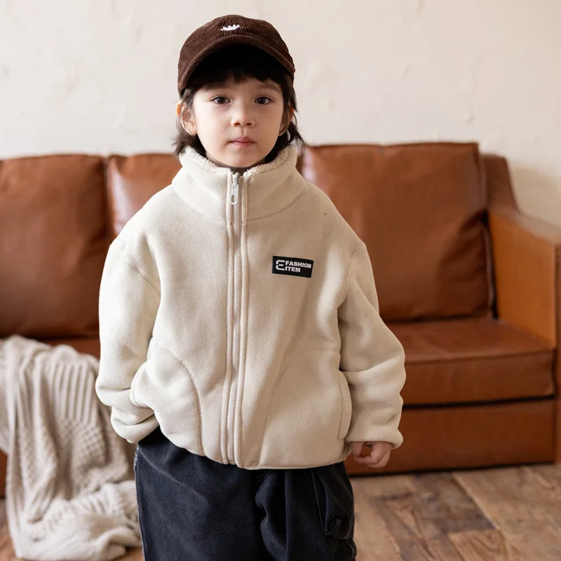 

2024 Autumn Winter Korean Baby Boy Coat Solid Color Double-sided Casual Fleece Toddler Boys Jacket Stand Collar Warm Kid Boy Top