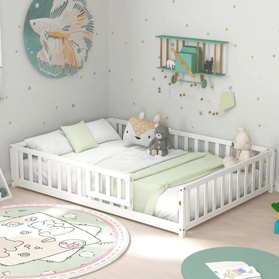 

Полноразмерная деревянная напольная кровать с дверным ограждением для комнаты Монтессори Белый деревянный каркас кровати с защитными перилами полной длины и планками