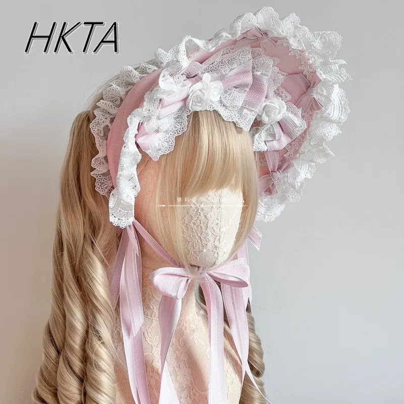 

Лолита Kawaii кружевной головной убор с бантом для женщин, массовое производство, милый и милый зажим цвета пыльцы, универсальные аксессуары для волос