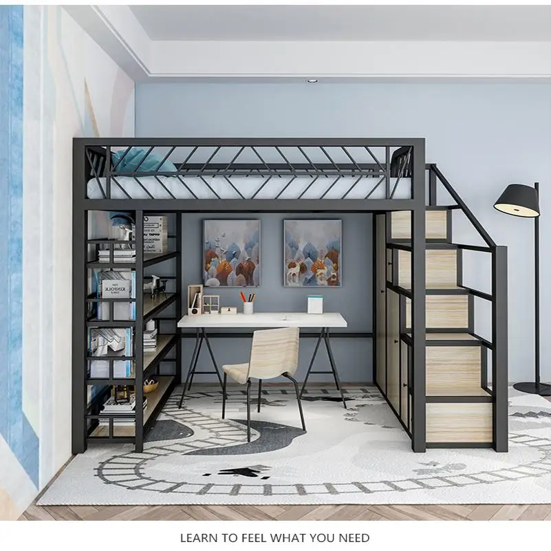 

Multifunctional elevated bed small apartment loft simple modern loft duplex second floor wardrobe upper wrought iron
