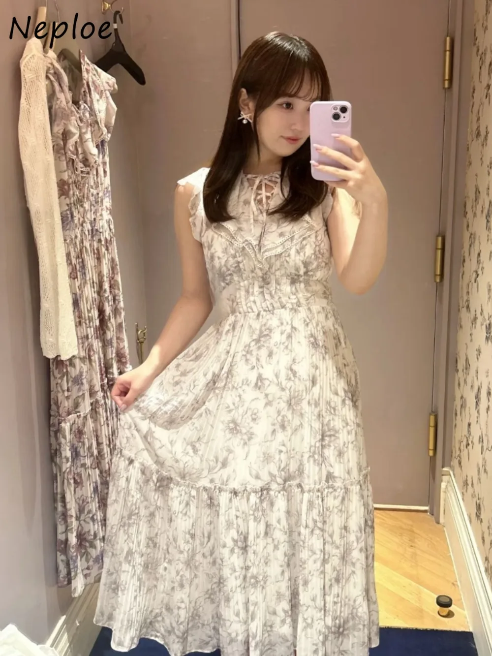 

Neploe Elegant French Casual Print Mujer Mid-length Temperament Ruffles Flying Sleeve Robe Japan Pleated Lace Up Fresh Dresses