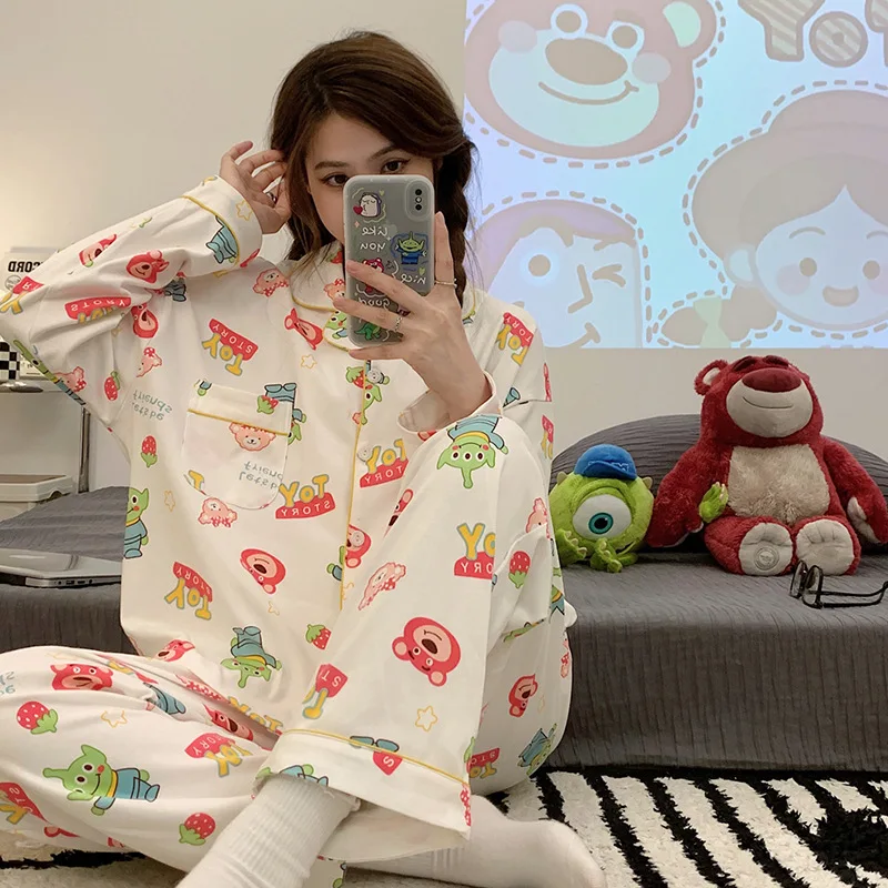 Disney Cartoon Three Eyed Monster Strawberry Bear Pattern Long Sleeved Pants Set Pijama Women Pajama Sets