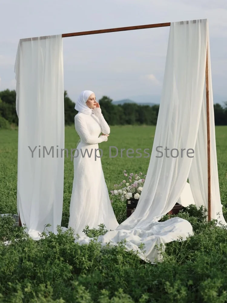 Luxuriöse muslimische Brautkleider Hijab Braut Stehkragen Langarm Meerjungfrau Zivilspitzenkleid Brautkleider Maßgeschneiderte Robe de Mariée