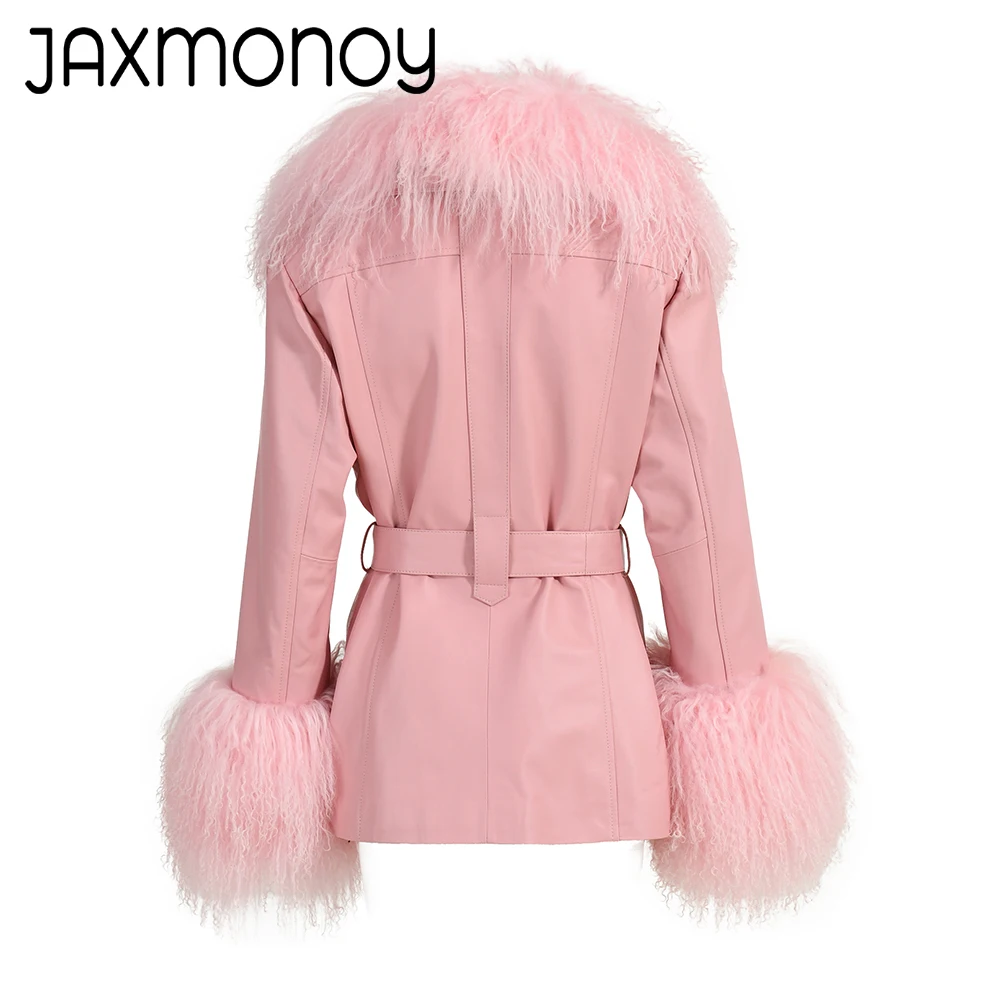 Jaxmonoy jaqueta feminina de couro genuíno com pele mongol real, casacos de pele de carneiro da moda para primavera e outono, casaco de couro real novo