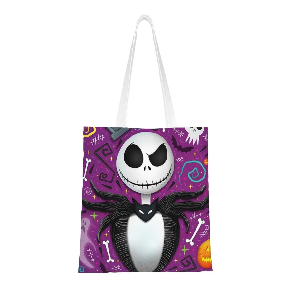 Custom Tim Burton Christmas Horror Movie Shopping Bag Shoulder Canvas Tote Bag Durable Halloween Skull Jack Sally Shopper Bags