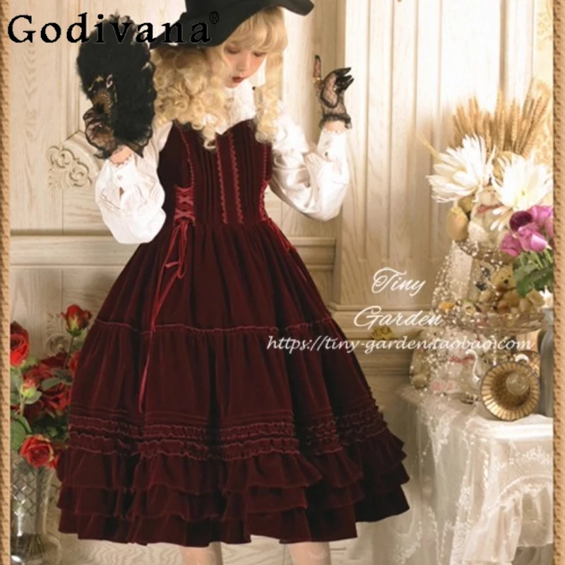 

French Elegant Retro Burgundy Velvet Long Dress Autumn Winter Woman's Sweet High Waist Slim Lolita Sleeveless Dress JSK Vestidos