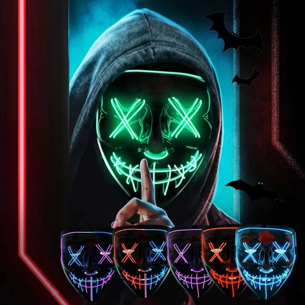 Halloween Masks For Men Women LED Purge Mask Headwear Party Mask Neon Light Flashing Carnival Cosplay Costume Props 2023
