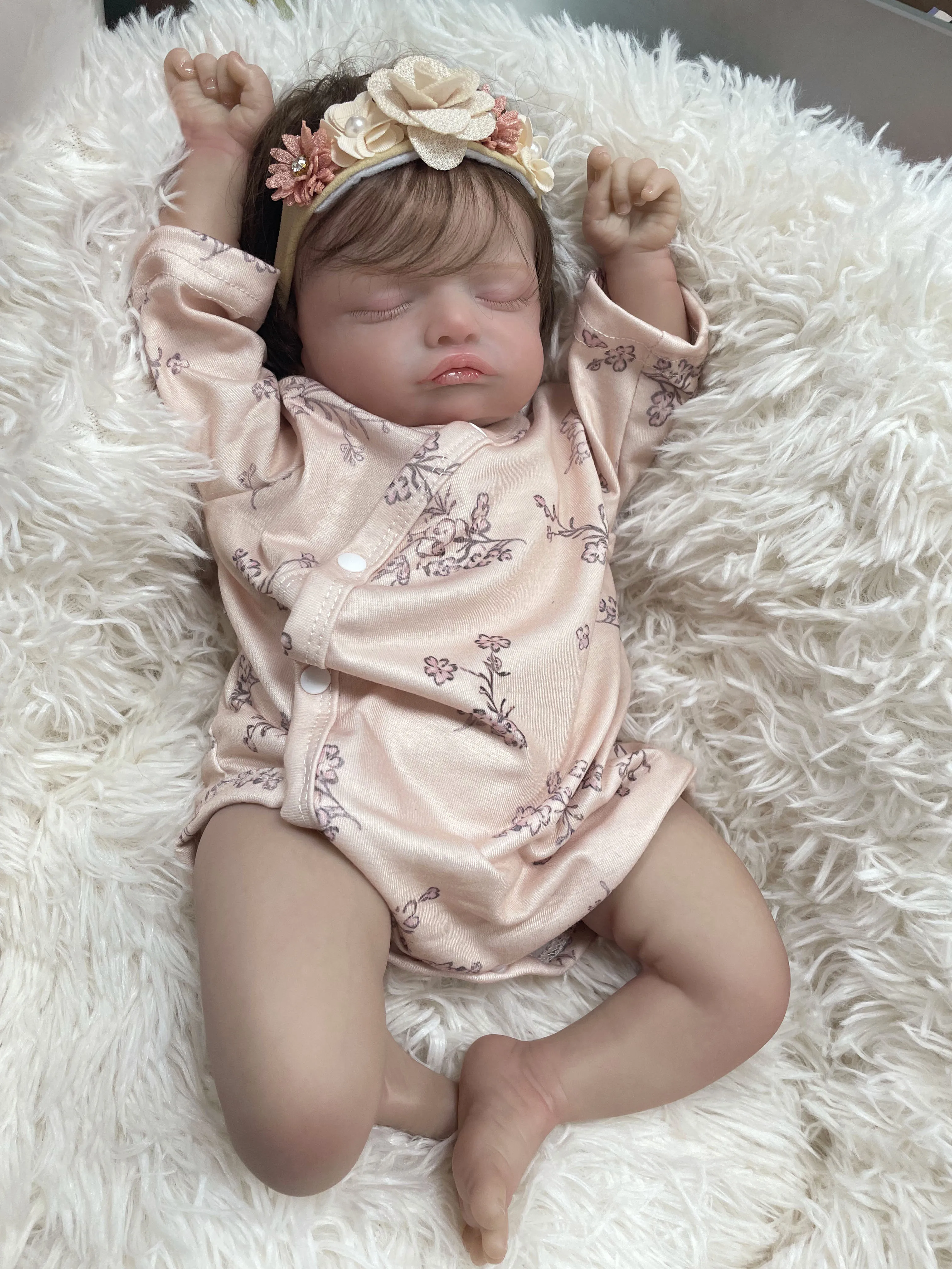 45CM Rosalie Cloth Body/Full Vinyl Body Already Painted Finished Sleeping Reborn Baby With Visible Veins and Hand Rooted Hair