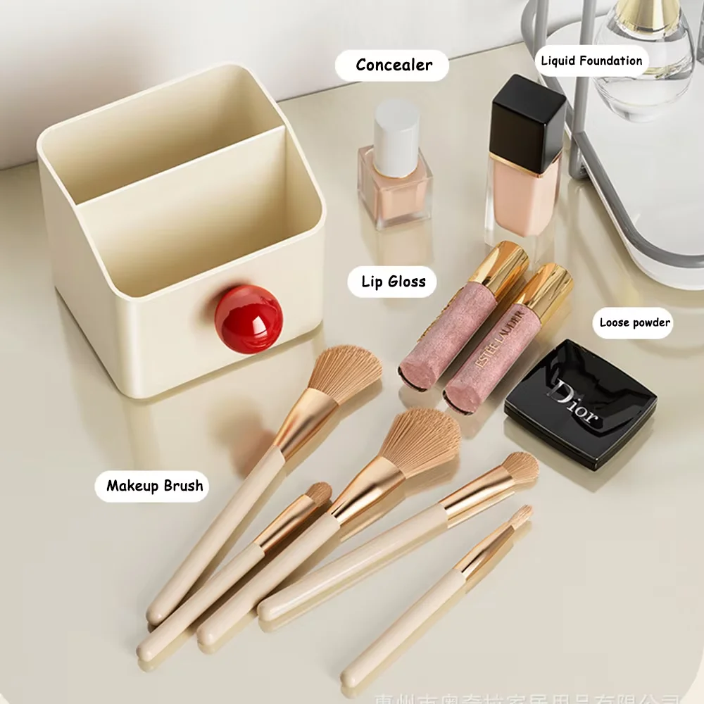Cream Shaped Round Bead Grid Makeup Brush Pencil Case Multifunctional Storage Box With Built-In Partition Compartments
