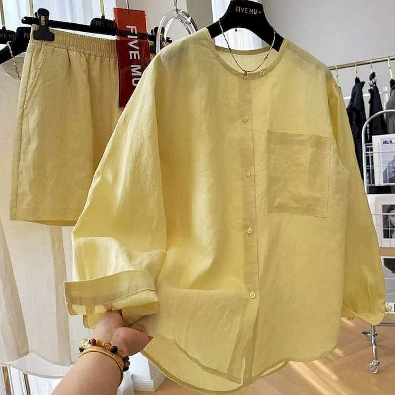 

New in Matching Sets Loose Korean Style Long Sleeve O-neck Single Breasted Shirts Casual Pants 2 Piece Sets Women Summer Suits