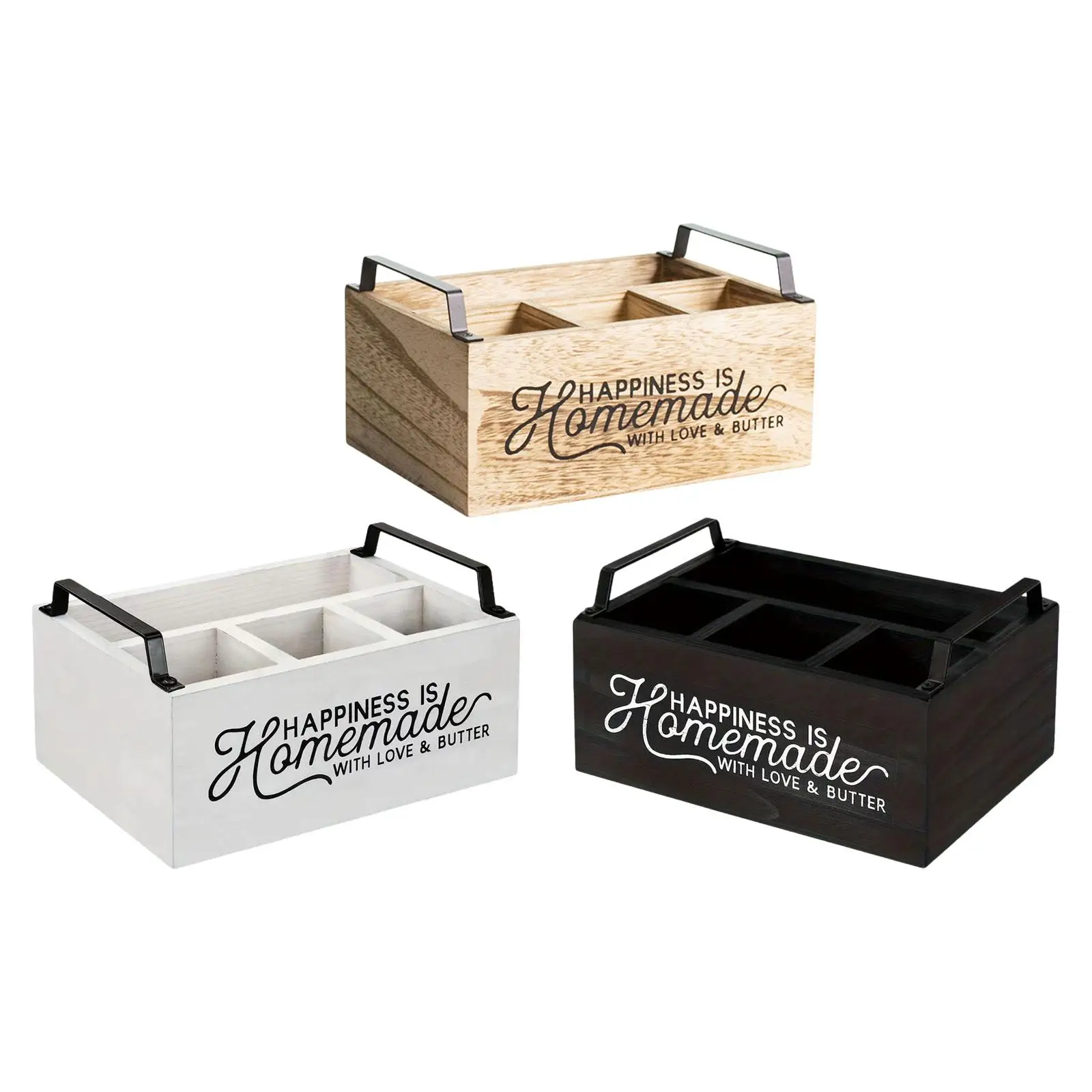 

Kitchen Utensil Holder Wooden Storage Organizer Box 4 Compartments Silverware