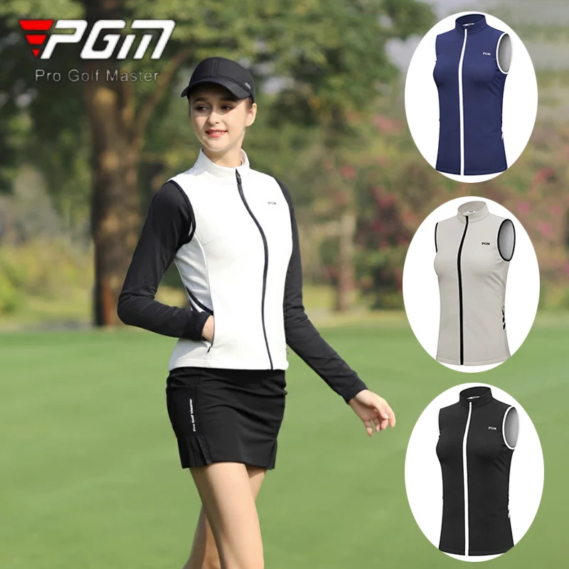 PGM Women Sleeveless Golf Jacket Ladies Windproof Slim Vest Autumn Women Full Zipper Waistcoat Side Pocket Stand Collar Vest