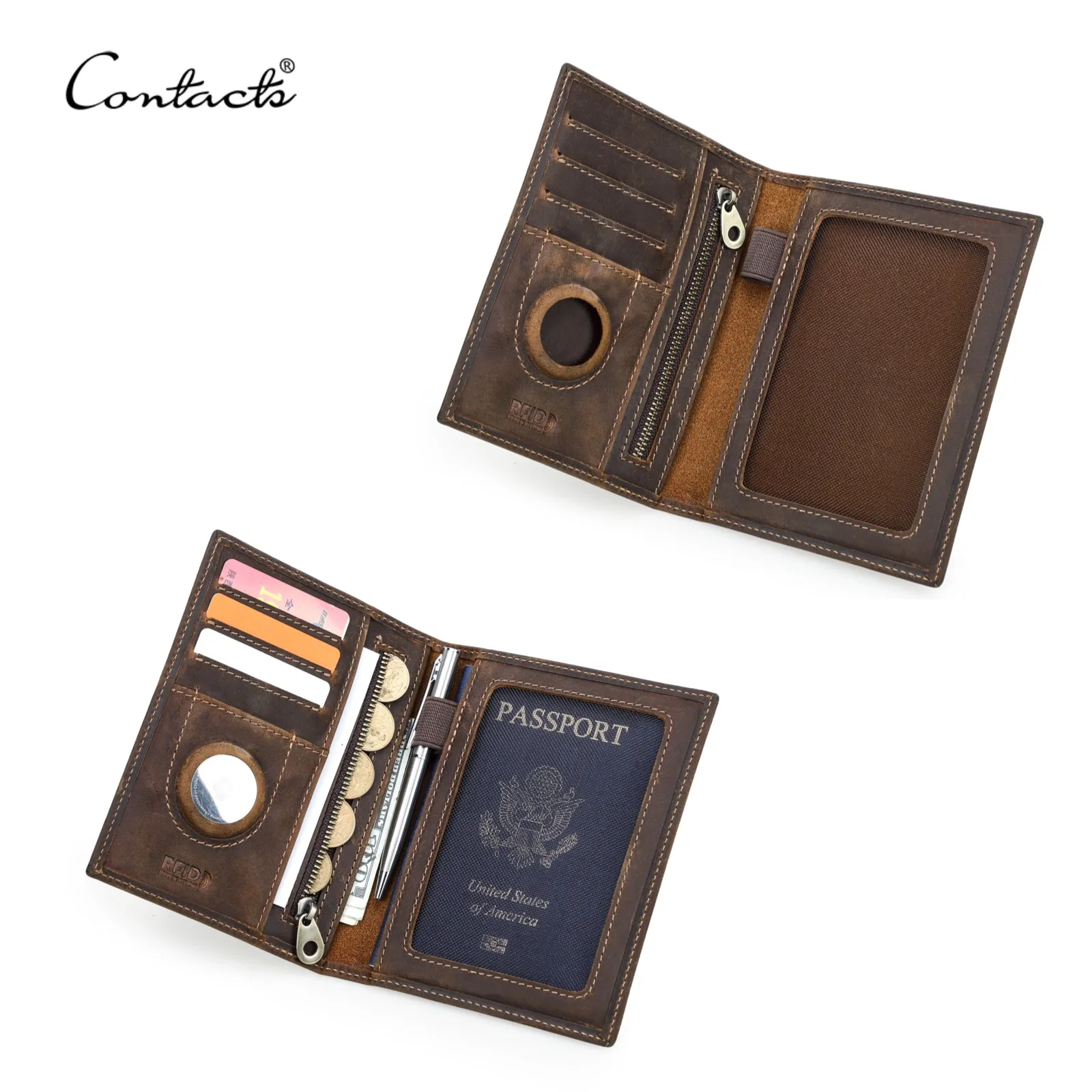 

CONTACT'S Genuine Leather Passport Wallet Men Fashion RFID Credit Card Holder Money Bag Women Anti-lost Travel Gift Purse