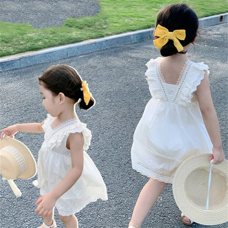 Summer Girls Dress Sleeveless White Lace Children\'s Skirt Beach Sundress Party Baby Princess Dresses Children Girl Clothes 0-6Y