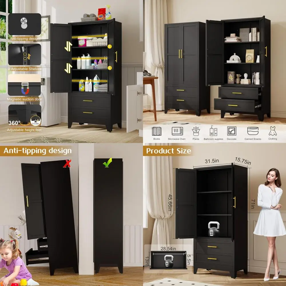 71 Metal Storage Cabinet with 2 Doors, 2 Adjustable Shelves, Drawers for Bedroom, Kitchen, Home Office (Black)