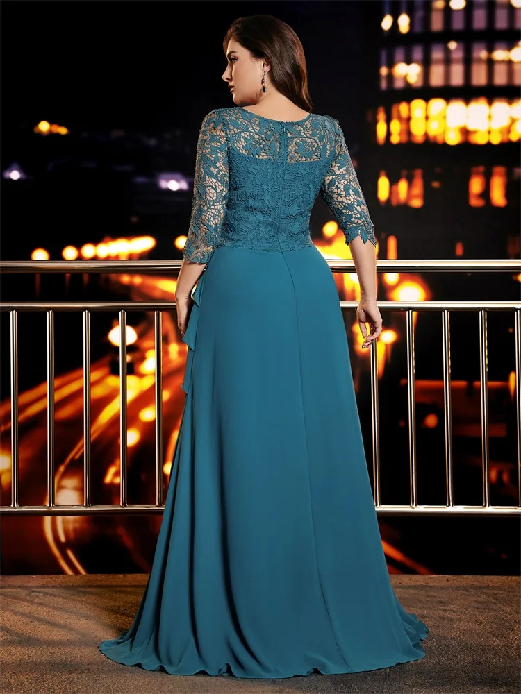 BLUEPLUM Plus Size Elegant O-neck Chiffon Embroidery Short-sleeved Patchwork Formal Evening Dresses Luxury Long Party Gowns
