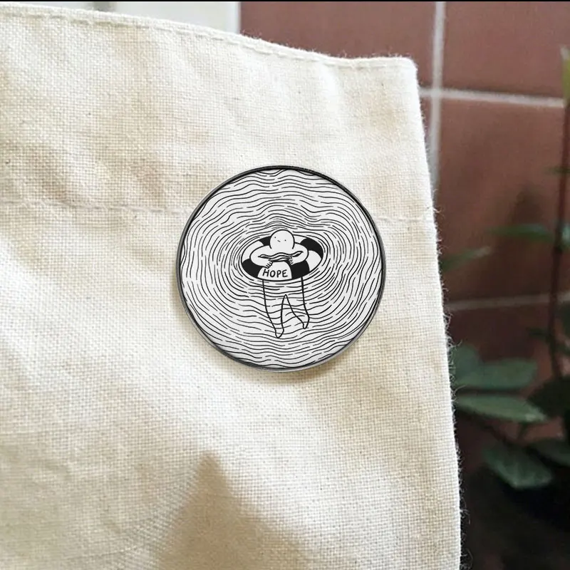 Hope！UV Printing Badge Floating Cartoon Character Pin Black White Line Art Metal Brooch Lapel Accessory Gift For Meme Lovers