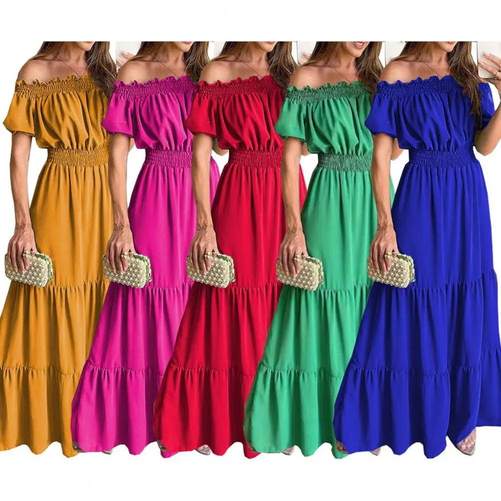 

Boho Puff Short Sleeves Dress Women Off Shoulder Elastic Waist Large Hem A-Line High-Waist Solid Color Maxi Dress Summer 2023