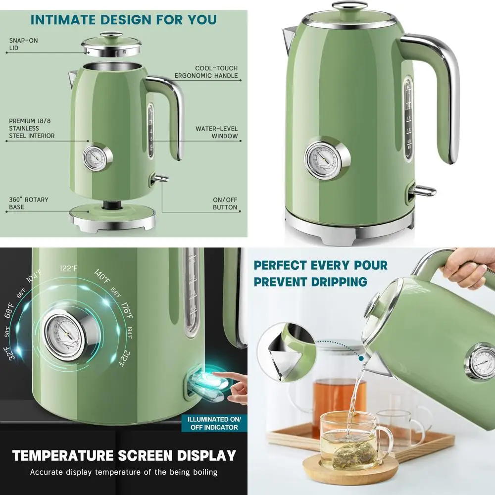 

1500W Stainless Steel Electric Kettle, 57oz Capacity, Thermometer, Fast Heating, Cordless, LED Indicator, Auto Shut-Off, Boil Dr