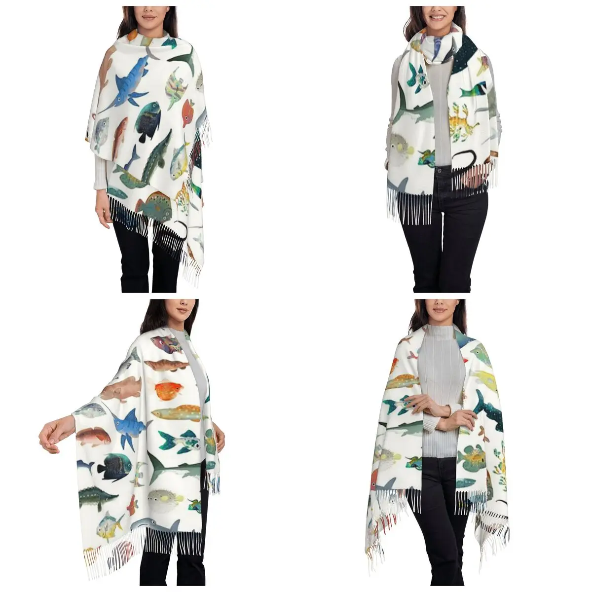 One Hundred Fish Ocean Life Scuba Diving Scarf Tassel Scarves Women Soft Warm Shawls and Wraps Large Fall Winter Shawl Wrap