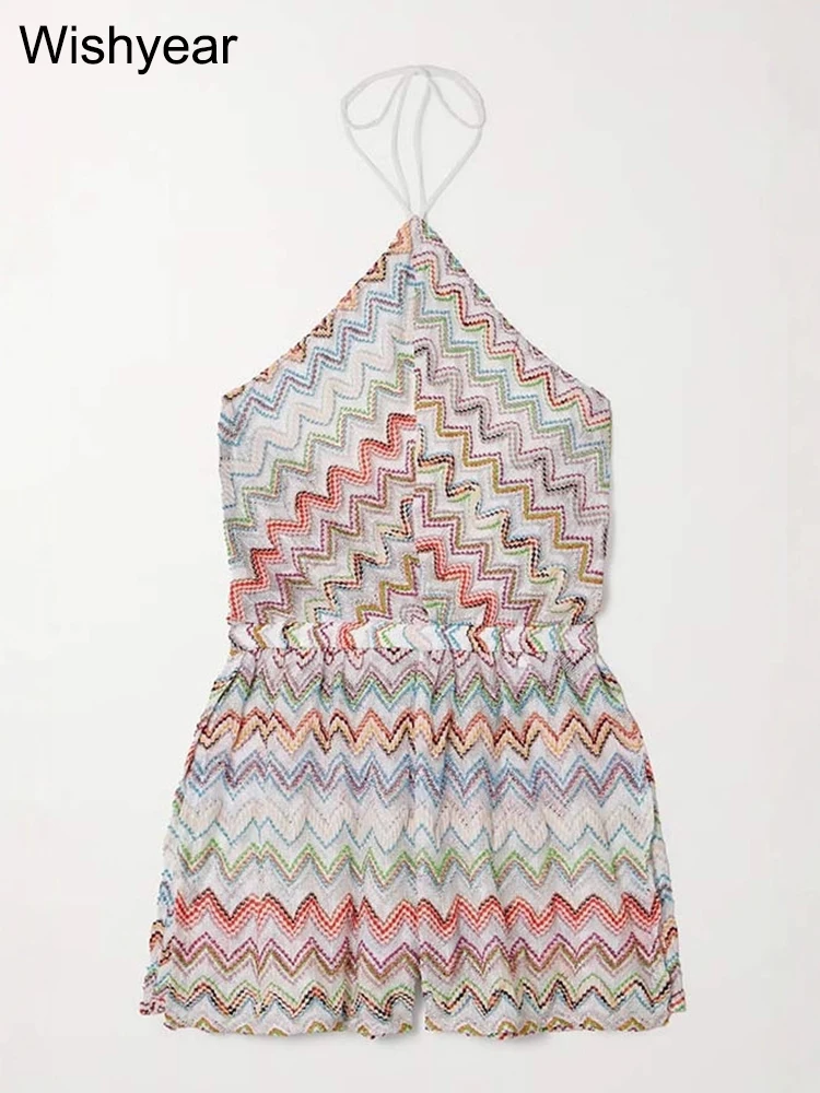 Wishyear Damen Sexy Off-Shoulder-Overall, Boho-Streifendruck, Neckholder, rückenfrei, Playsuit, Strampler, kurze Strand-Overalls, Einteiler