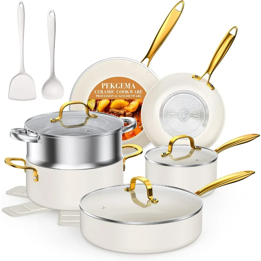

Ceramic Cookware Set 15-Pieces, Pots and Pans Set Non Stick, Oven Safe Non Toxic, Kitchen Cookware Set, PFOA PTFE FREE, Gold Whi