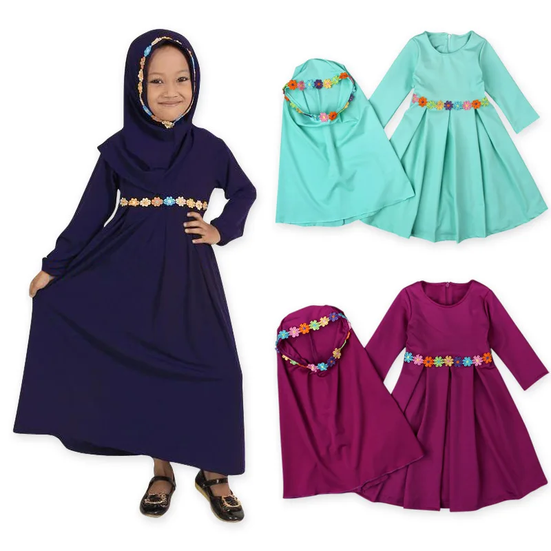 

1-5Y Children Girls Dress+Hijab Scarf 2Pcs Set Kid Robe Gown Long Sleeve Toddler Prayer Clothing Princess Costume Baby Girl A663