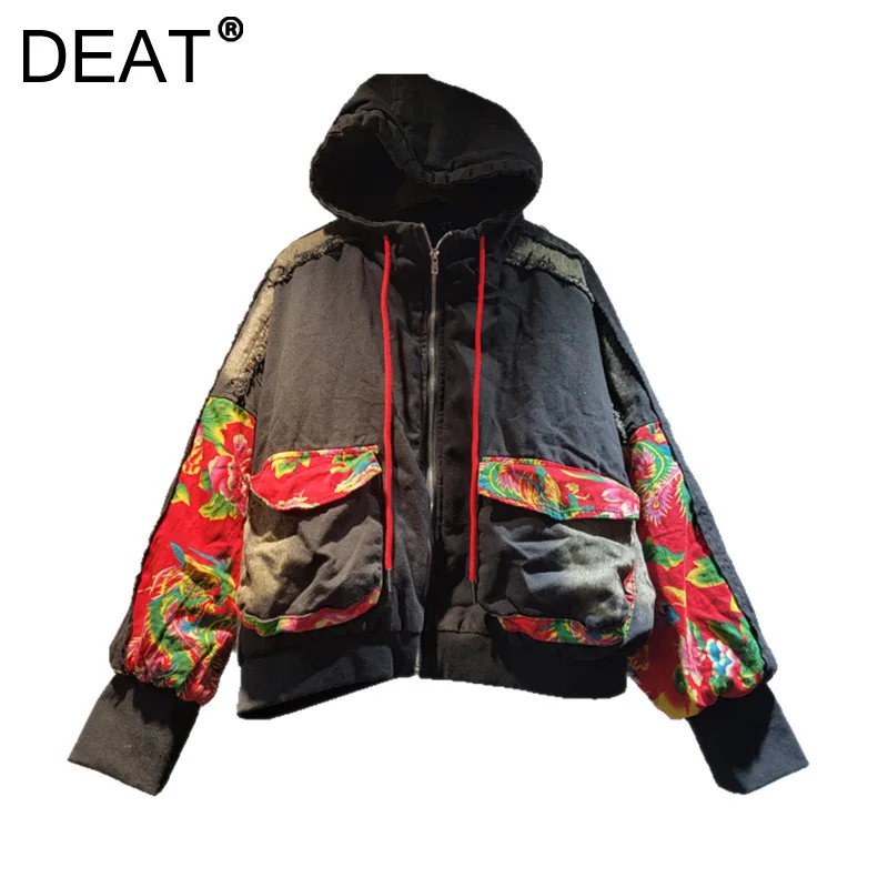 DEAT Women's Jackets Flowers Printed Loose Thick Patchwork Denim Cotton-padded Hooded Jackets 2025 New Fashion Spring 11A01759