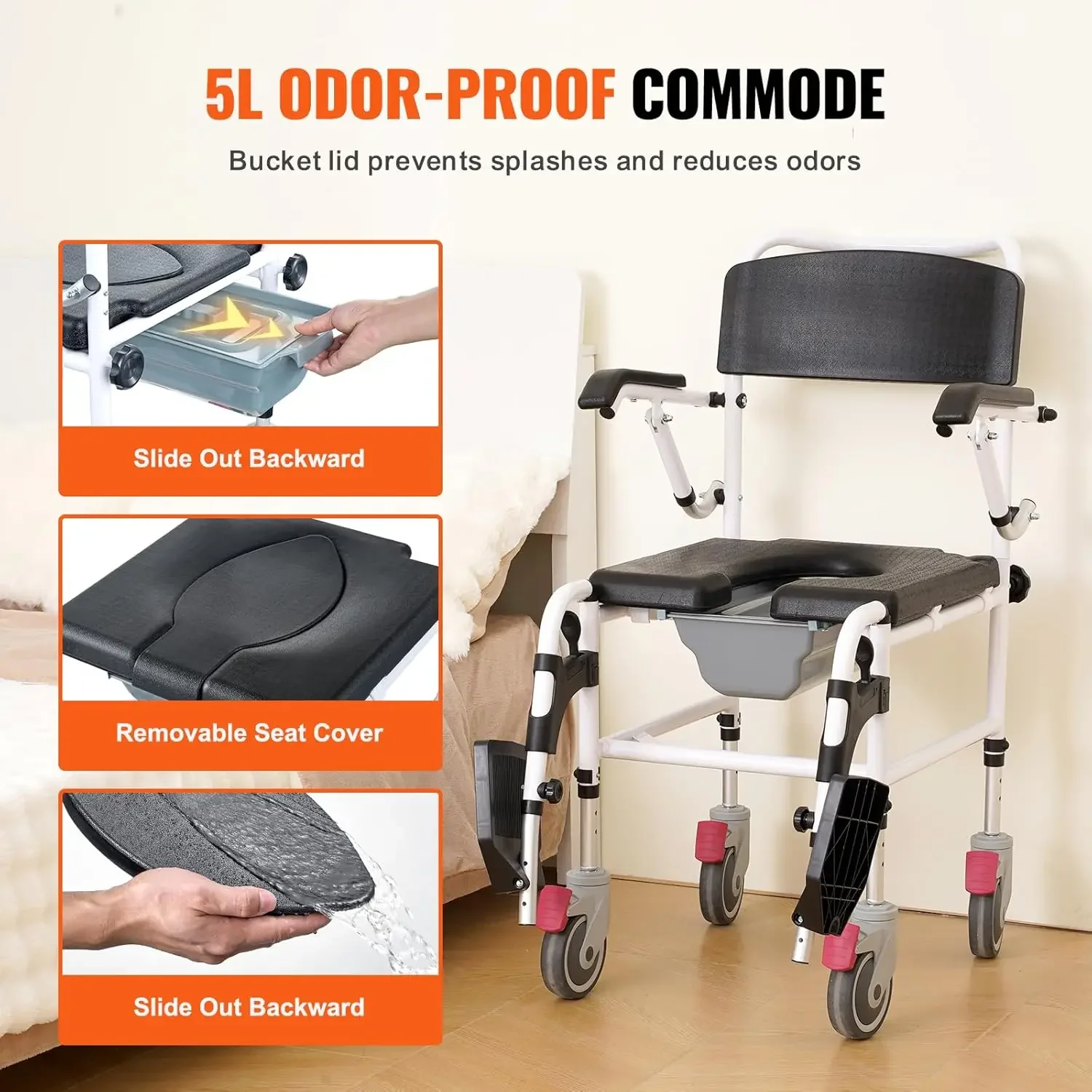 Shower Commode Wheelchair with 4 Lockable Wheels, Footrests, Flip-up Arms, 3-Level Adjustable Height, 5L Removable Bucket, 350 L