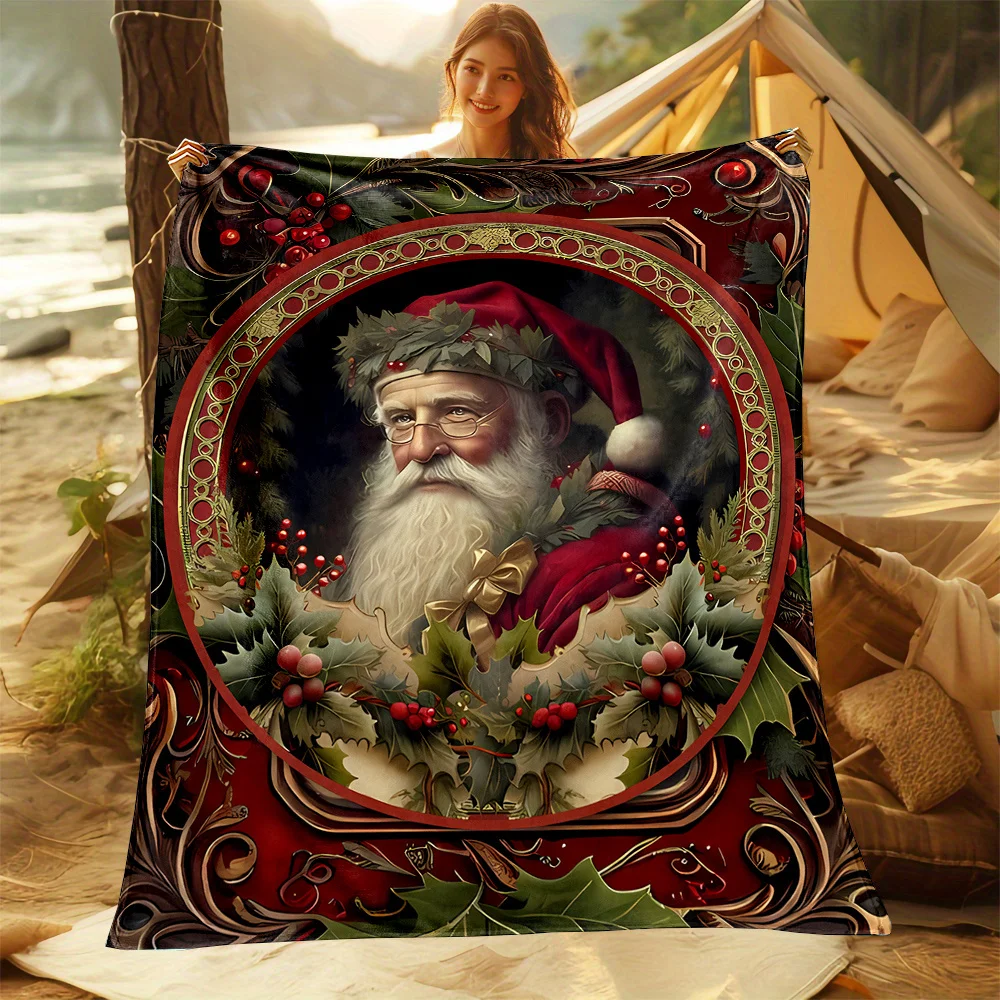 1pc Festive Vintage Christmas Theme Santa Claus and Holly Pattern Flannel Fleece Throw Blanket - Reversible, All-Season, Digital