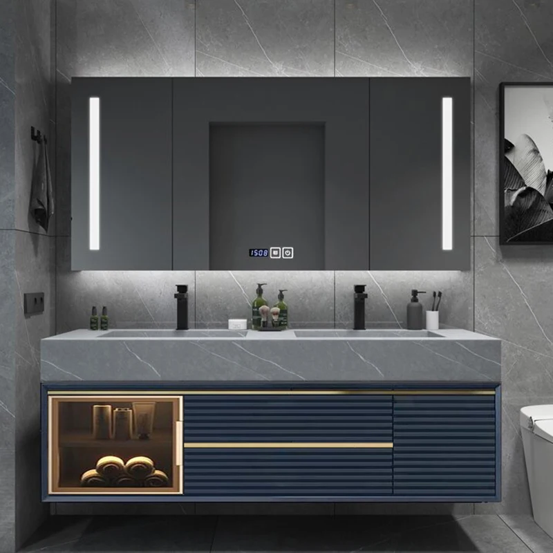 Modern Groove Blue Wall Mounted Smart Mirror Locker Floating Vanity Bathroom