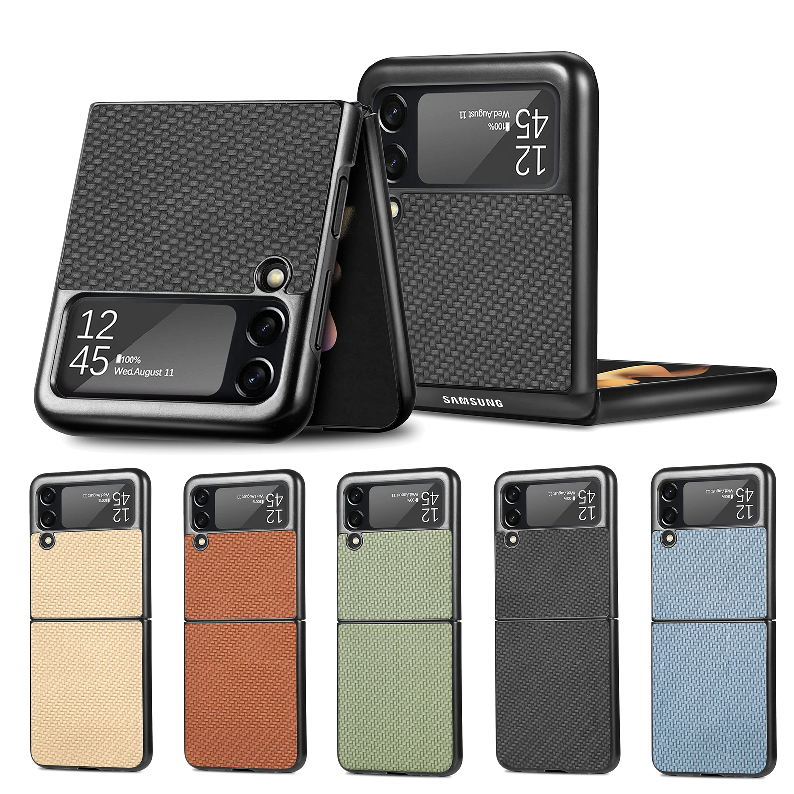 Anti-Drop Plain Luxury Case for Samsung Galaxy Z Flip 4 3 Flip4 Flip3 5G Flip 5 6 2 1 Flip5 Flip6 Flip2 Carbon Fiber Covers