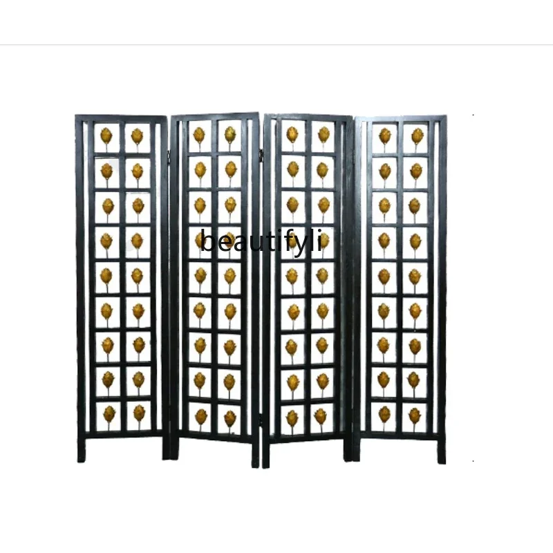 New Chinese Style Solid Wood Subareas Screens Living Room Double-Sided Painted Mobile Accordion Partition Push-Pull